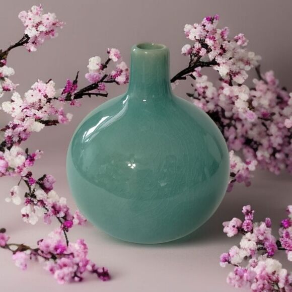 Crate & Barrel Bud Vase Perry Aqua Round Ball Ikebana Coastal Beach House Farm. - Picture 13 of 15